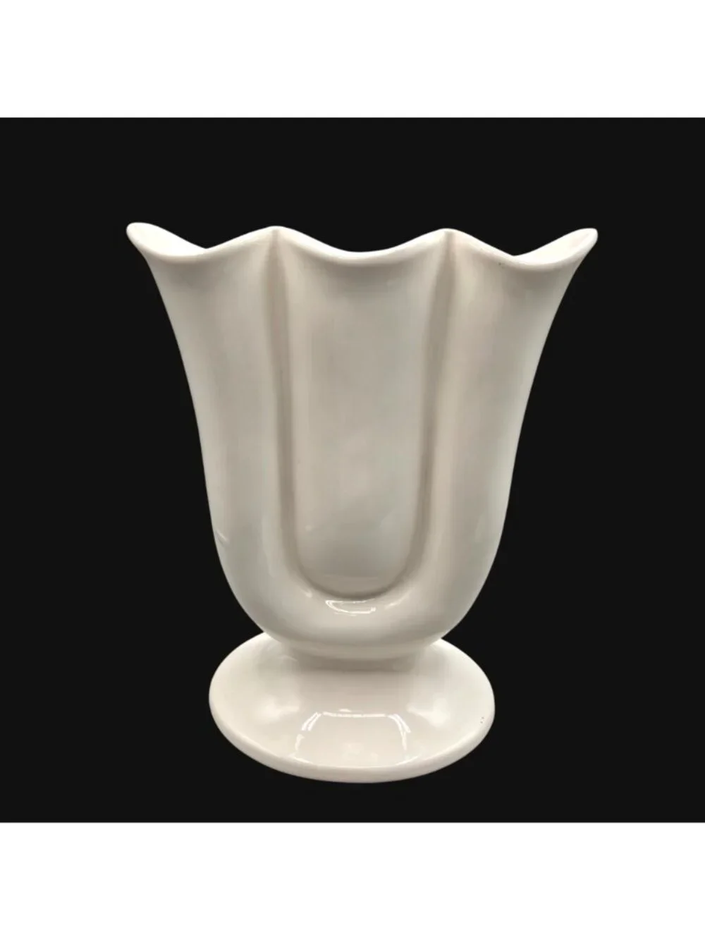 Vintage Hall USA White Ceramic Tulip Vase Scalloped Rim Pedestal Base 10 Inch